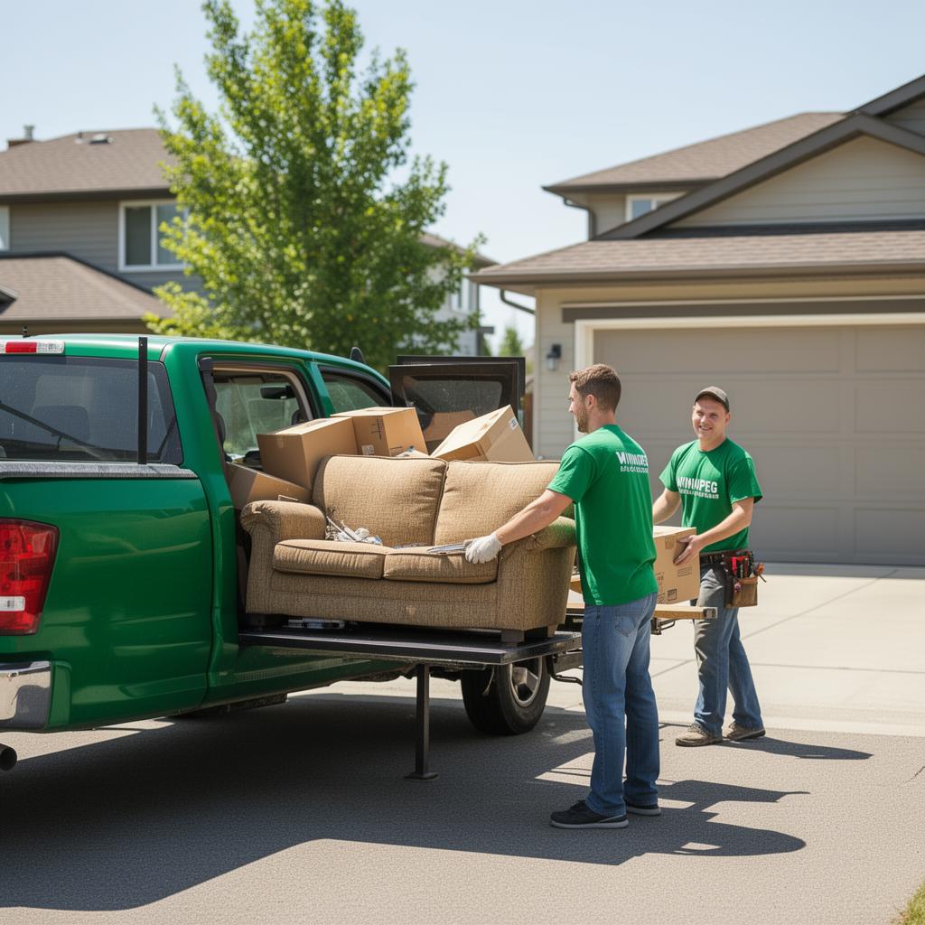 Real Right Removal crew loading a couch and boxes into a green truck in a Winnipeg driveway